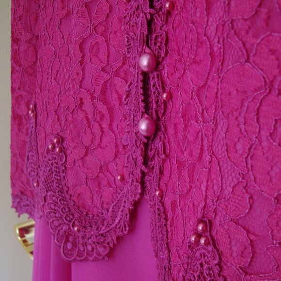 Zacks Sz 13-14 Fuschia 2 Piece Dress Vintage 80s Skirt Jacket Suit Lace & Pearls - Picture 4 of 11